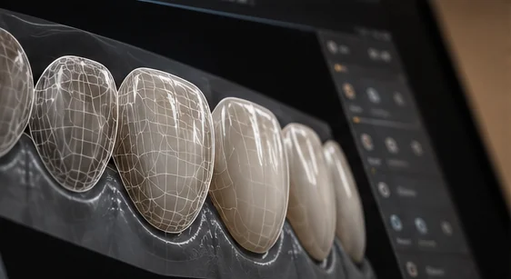 Digital design of a row of veneers shown as a wireframe on a monitor