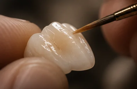 A master craftsman characterizing a ceramic restoration with a fine brush