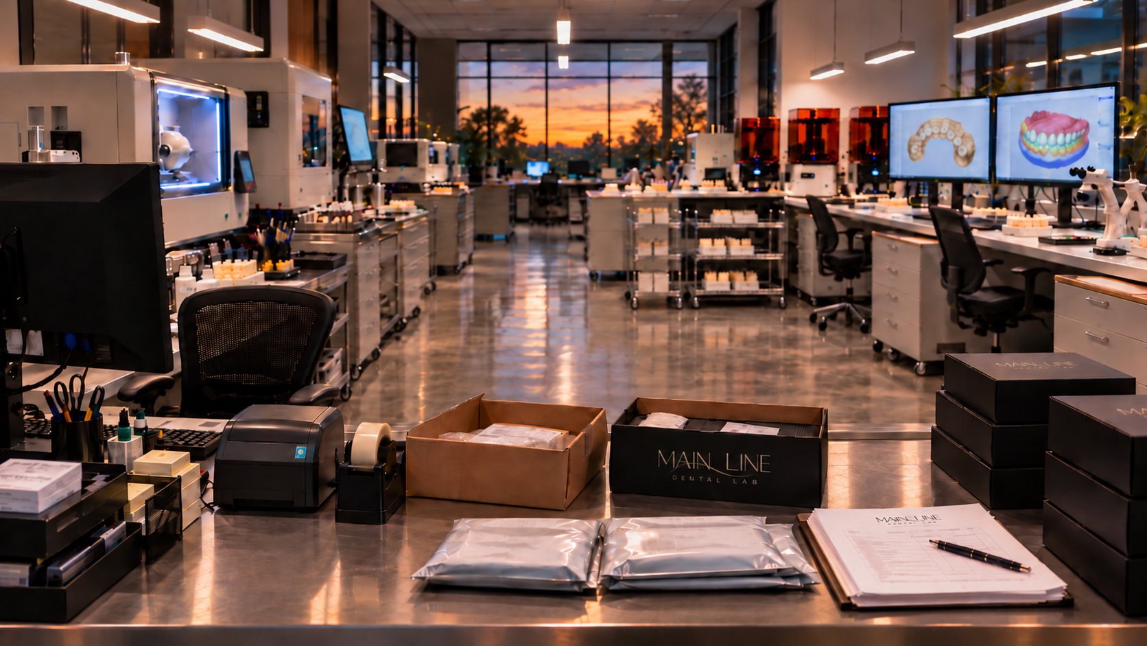 Inside the Main Line Dental Lab at dusk: milling machines, 3D printers and digital design stations behind a finishing desk
