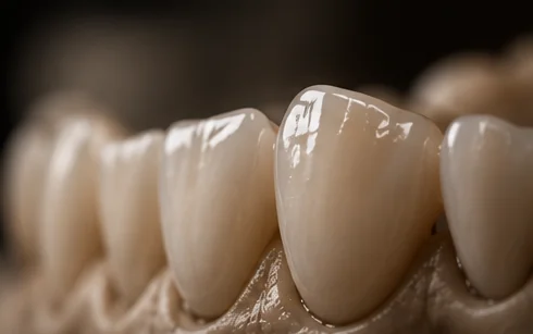 Close-up of finished ceramic restorations with natural translucency on a model